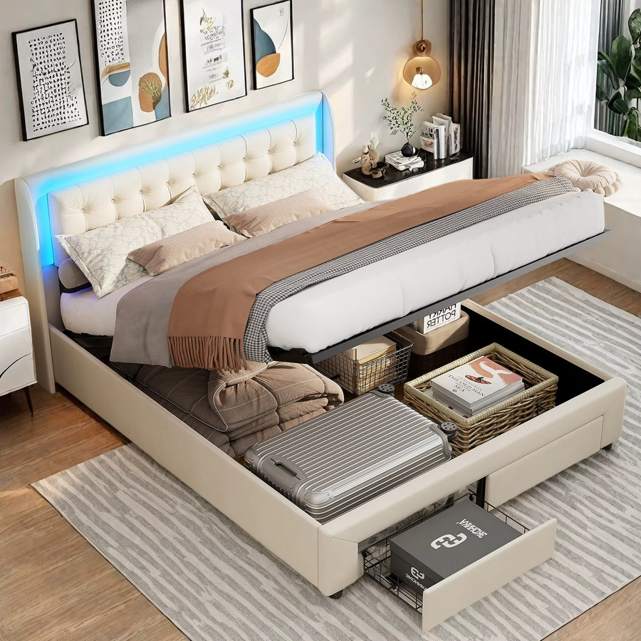 Anajqaqia Polsterbett aus Samt mit LED-Beleuchtung, USB-Ladefunktion und 2 Schubladen, Doppelbett mit hydraulischem Stauraum, Beige, B: 180 cm, T: 200 cm - Bild 3