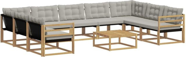 vidaXL Outdoor-Sofagarnitur aus massivem Akazienholz mit Textilene-Bezug und Kissen, 10-teilig, Weiß-hellgrau - Bild 1