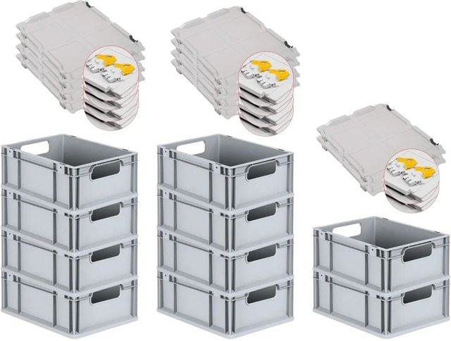 PROREGAL Spar Set 10x Eurobox Nextgen Economy mit Scharnierdeckel und gelben Schiebeschnappverschlüssen, Grau, H x B x T: 17 x 30 x 40 cm - Bild 1