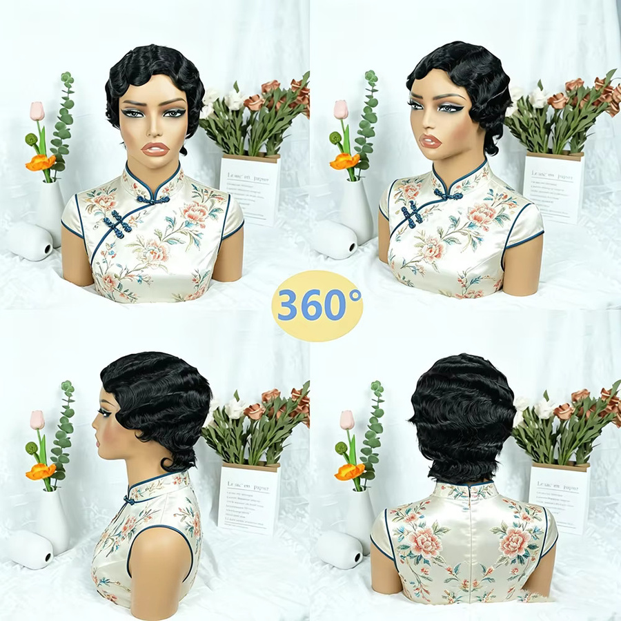 OYM HAIR Echthaar-Perücke, Retro Fingerwave, Naturschwarz - Bild 3