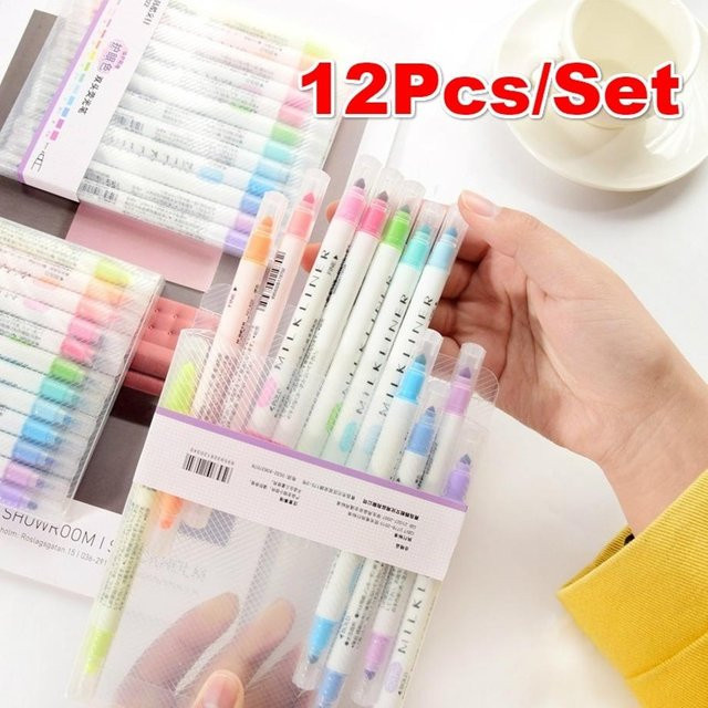 Set mit 12 fluoreszierenden Doppelkopf-Highlightern in 12 Farben für die Schule - Bild 1