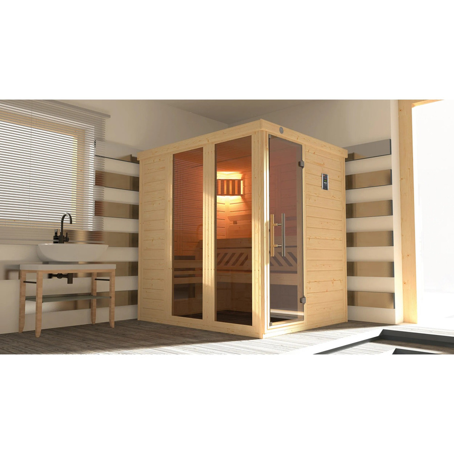 Weka Massivholzelementsauna Kemi Panorama 1 in Braun mit Glastür und Fenster sowie 7,5 kW Sparset, B/H/T: 193 x 200 x 162 cm - Bild 2