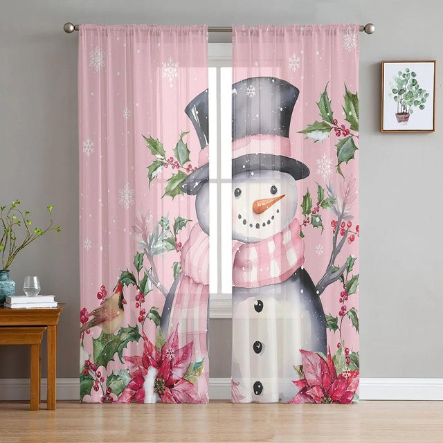 Weihnachtliche Tüll-Vorhänge mit Schneeflocken und Schneemann in Rosa und Weiß, transparente Voile-Fenstervorhänge für Wohnzimmer und Küche, B: 135 cm, H: 115 cm - Bild 1