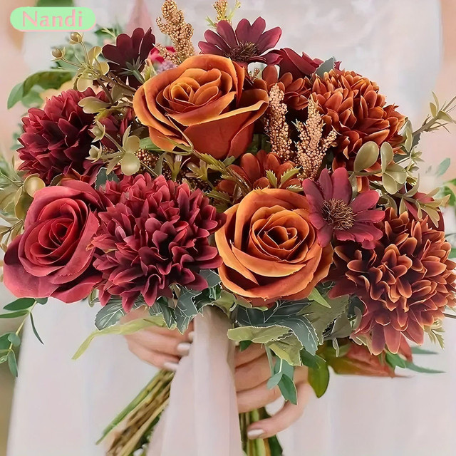Künstlicher Rosen-Chrysanthemenstrauß von NANDI in Weiß und Rot, Textil-Blumenstrauß mit 7 Zweigen für Hochzeit und Tischdekoration - Bild 1
