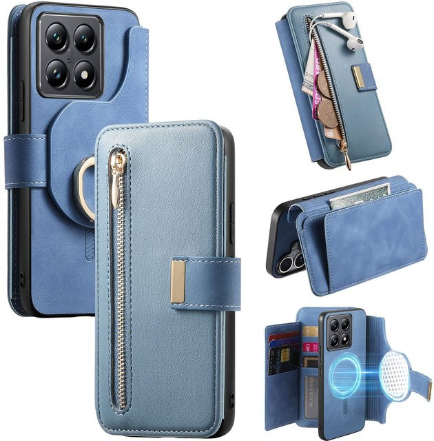HQBBRO 2-in-1 Magnetische Lederhülle mit abnehmbarem Reißverschluss-Kartenfach für Xiaomi Redmi Note 13 Pro Plus 5G, Redmi 12, 13C und 14T Pro, Blau - Bild 1