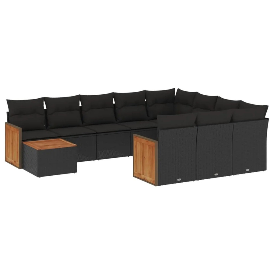 vidaXL 11-teilige Garten-Sofagarnitur in L-Form aus schwarzem Poly-Rattan mit Kissen und Akazienholz - Bild 2