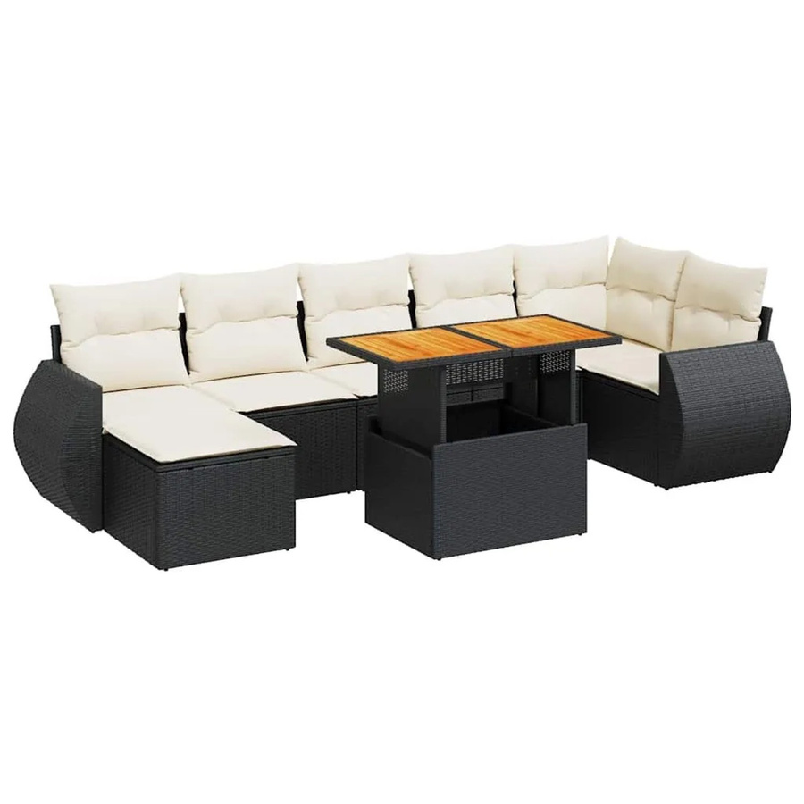 vidaXL 8-teilige Garten-Sofagarnitur in L-Form aus Polyrattan und Akazienholz mit Kissen in Schwarz-Creme - Bild 2