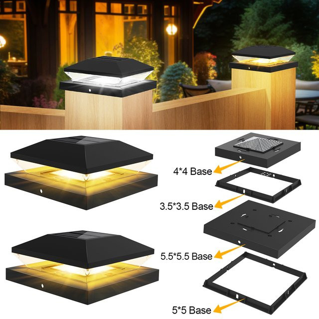 T-SUNRISE Solar-LED-Zaunlampe für den Garten, quadratische Solarsäulenpfostenkappe in Schwarz mit CCT-Funktion (3000 K und 6000 K) - Bild 1