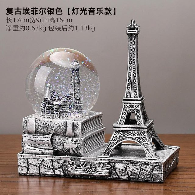 Yiran Furniture Vintage Eiffelturm Figur mit leuchtender Kristallkugel Spieluhr in Silber und Grau - Bild 1