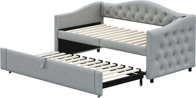 Merax Schlafsofa mit USB-Anschluss und Knopfdesign in Grau, Breite: 90 cm, Tiefe: 200 cm - Bild 1