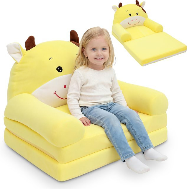 Willstar Kinder-Schlafsofa aus Plüsch in Gelb mit Animal Print und integrierter Rückenlehne - Bild 1