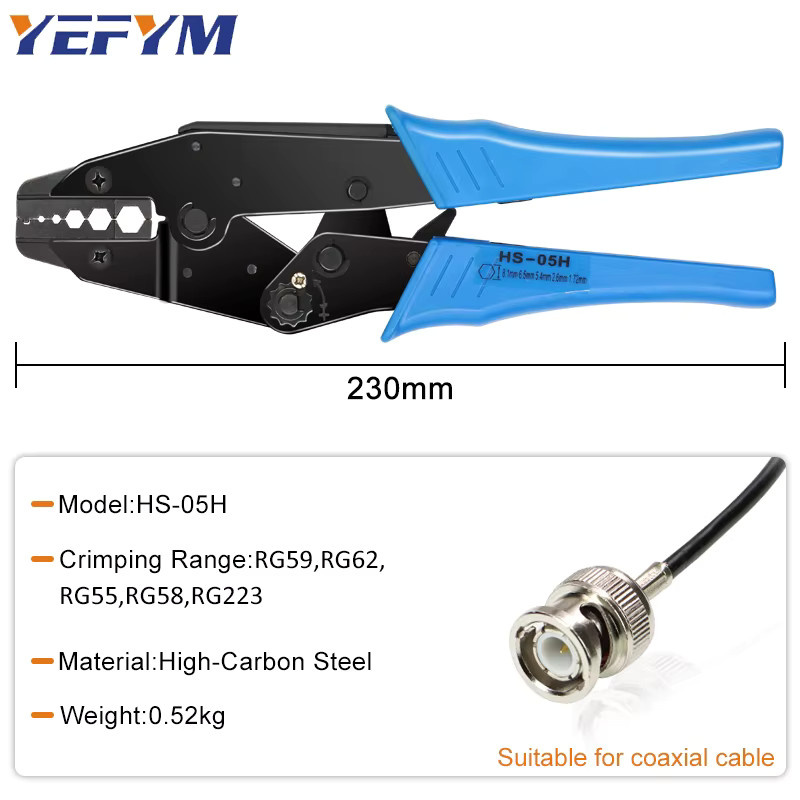 YEFYM Crimpzange HS-05H für Koaxialkabel SMA/BNC RG58, 59, 62, 174, 8, 11, 188, 233 als Schneid- und Abisolierwerkzeug - Bild 2