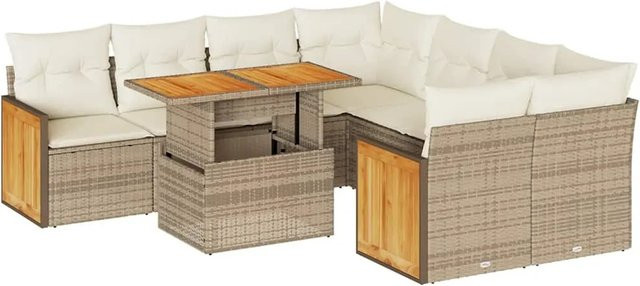 vidaXL 9-tlg. Garten-Sofagarnitur in L-Form aus Poly-Rattan und Akazienholz mit Kissen in Beige-Grau - Bild 1