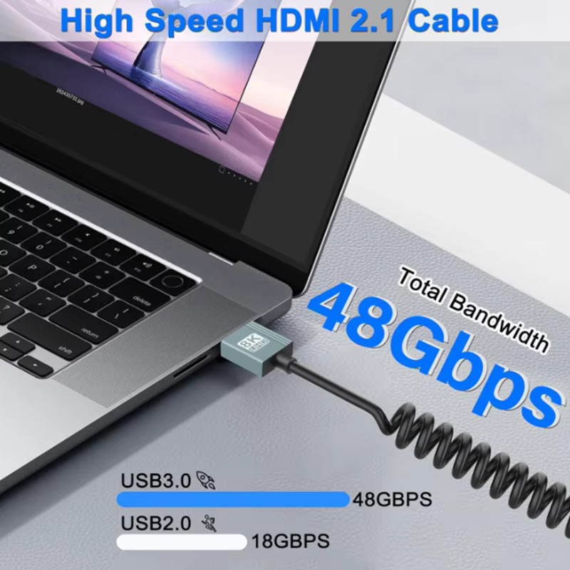 AXONUS Micro-HDMI-zu-HDMI-Spiralkabel in Schwarz, 8K HDMI 2.1 Hochgeschwindigkeitskabel mit 48 Gbit/s, unterstützt 8K bei 60 Hz und 4K bei 120 Hz, 90 Grad Winkel - Bild 5