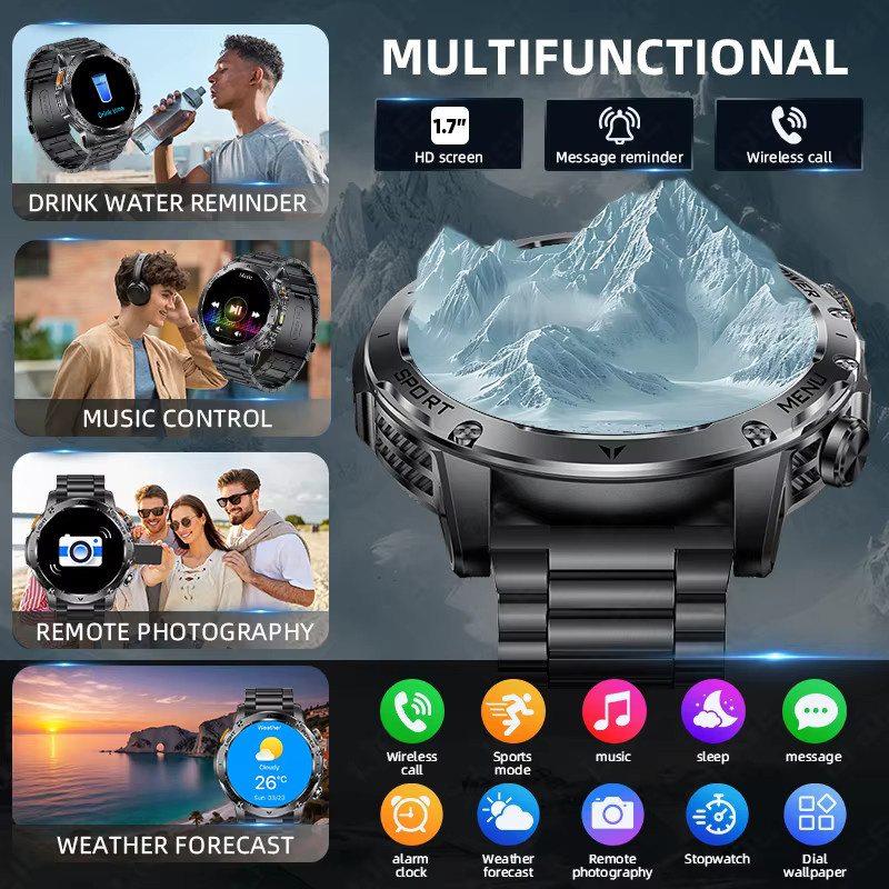 LIGE T-REX3 Smartwatch für Männer in Schwarz mit GPS, Bluetooth-Anruffunktion, starker Taschenlampe und 10ATM Wasserdichtigkeit sowie 1000 mAh Akku - Bild 2