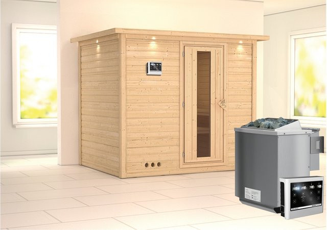 Karibu Sauna Sarina Bio-Kombisauna aus Massivholz in Braun mit Bio-Ofen 9,0 kW, externem Steuergerät und LED-Dachkranz, B/T/H: 231 x 196 x 200 cm - Bild 1
