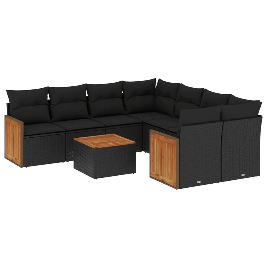 vidaXL 9-tlg. Garten-Sofagarnitur in L-Form aus Poly-Rattan und Akazienholz mit Kissen, Schwarz - Bild 2