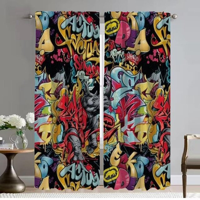 2er-Set Elegante Raumvorhänge mit Graffiti-Kunst als Raumteiler und Halloween-Dekoration, Farbe: Schwarz/Mehrfarbig, Breite: 50 cm, Höhe: 70 cm - Bild 1