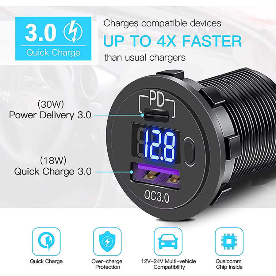 EARU USB C Auto Ladegerät 12V/24V mit Dual USB-Buchse PD 3.0 und QC 3.0, LED-Voltmeter und Ein/Aus-Schalter, Schwarz - Bild 3