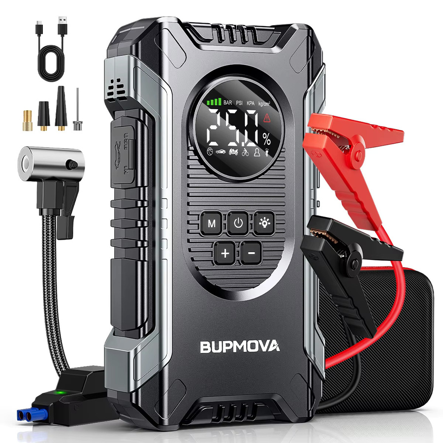 BSMOOM 2-in-1 Starthilfe Powerbank mit 1500A Auto-Booster, 8000mAh Akku und 150PSI Luftkompressor Reifenpumpe inklusive LED-Notlicht in Schwarz - Bild 2
