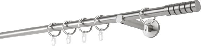 ONDECO Gardinenstange 1-läufig in Edelstahl-Optik mit Wandträger und Endstück Rillcube, Länge: 400 cm, Durchmesser: 20 mm, Wandabstand: 12 cm - Bild 1