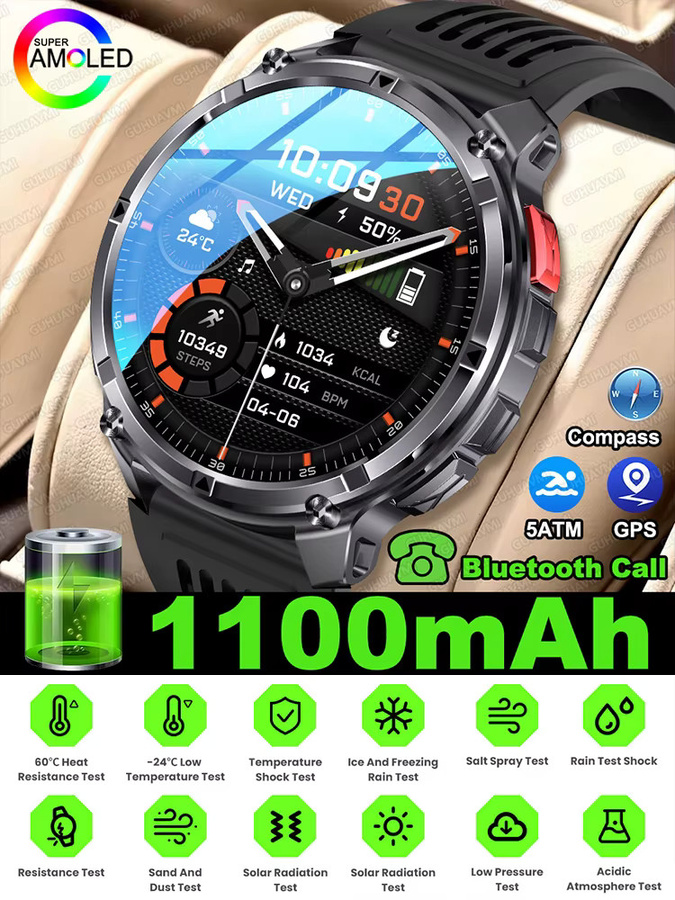 GUHUAVMI Smartwatch für Herren mit 1,7 Zoll AMOLED-Bildschirm, GPS-Tracker, Taschenlampe und 5 ATM Wasserdichtigkeit in Schwarz - Bild 6