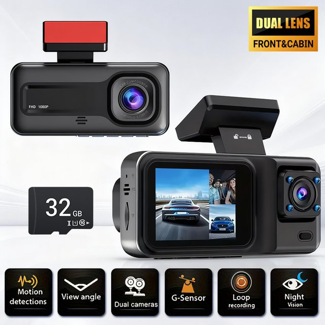 Nuokaiqi Dual-Kamera-Dashcam in Schwarz mit 1080P/720P Auflösung, 170 Grad Weitwinkel, Nachtsicht, 24-Stunden-Parküberwachung, G-Sensor und Schleifenaufnahme - Bild 1