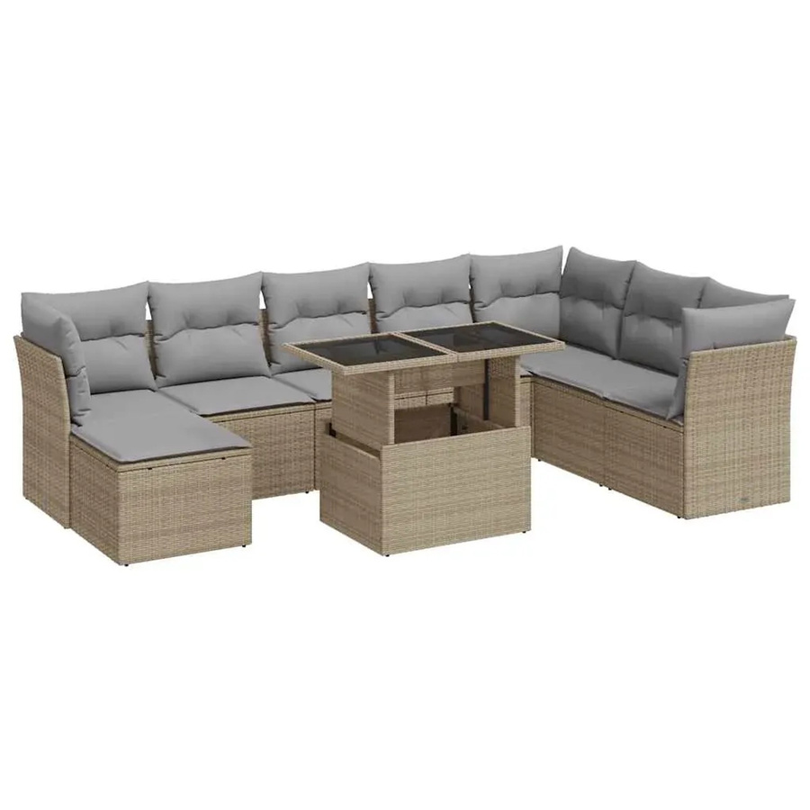 vidaXL 9-tlg. Garten-Sofagarnitur in L-Form aus Poly-Rattan in Beige-Grau mit wetterfesten Kissen und pulverbeschichtetem Stahlgestell - Bild 2