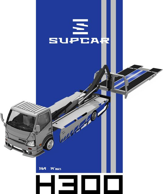 SUPCAR H300 Silber-Blauer Grafik-Flachbettanhänger, Druckguss Mini-Truck, 1:64, ab 14 Jahren - Bild 1