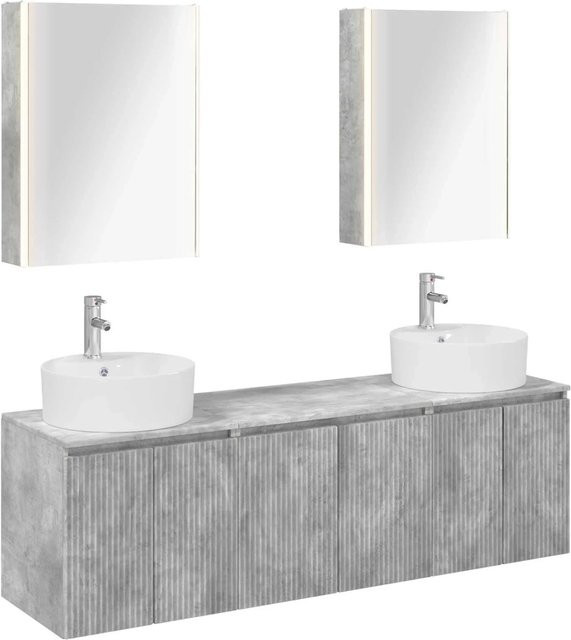 vidaXL Badezimmerschrank-Set in Grau, modern und glänzend, bestehend aus Waschtischunterschrank, Wandunterschrank und Spiegelschrank mit LED-Beleuchtung und internen Regalen, aus MDF - Bild 1
