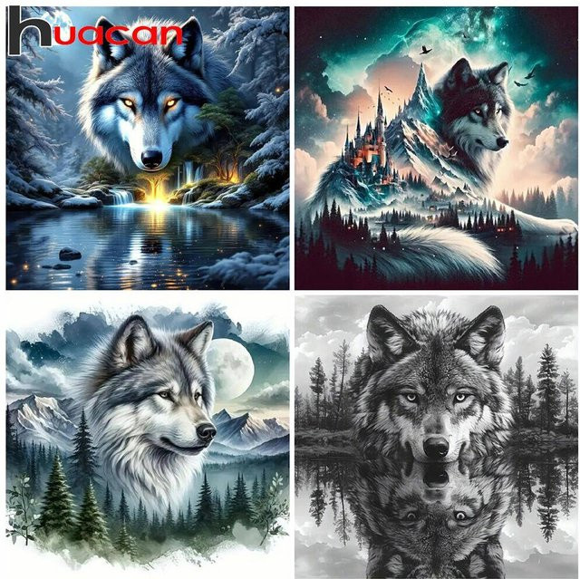 Huacan Diamant-Malerei Wolf in der Schnee-Landschaft als rundes Diamant-Mosaik zur Wanddekoration, Durchmesser: 30 cm - Bild 1