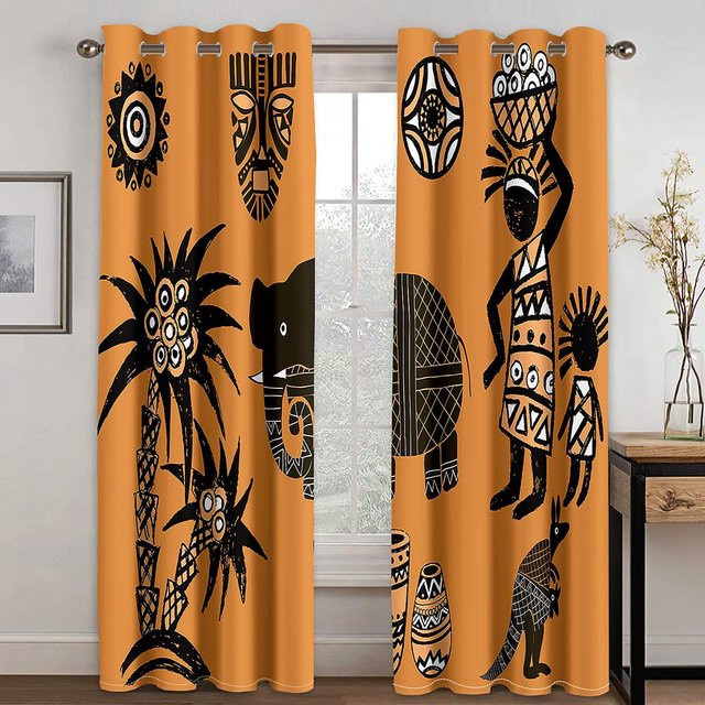 2er-Set Yiran Furniture Vorhänge mit ethnischem Azteken-Muster aus Polyester, halbtransparent, Breite: 100 cm, Höhe: 130 cm - Bild 1