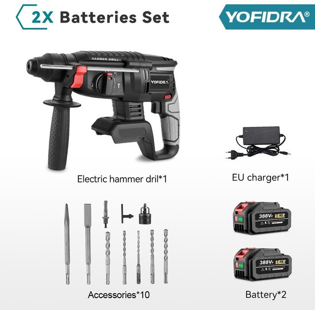 Yofidra Bürstenloser Elektrohammer 26mm Abbruchhammer und Schlagbohrmaschine als Akku-Rotationswerkzeug passend für Makita 18V LXT in Schwarz - Bild 1
