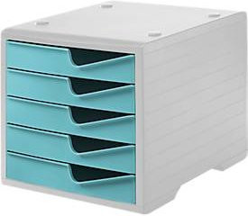 Stapelbare Schubladenbox styro swing mit 5 Schüben, Auszugsperre und Griffmulde, grau-aqua, B: 27,0 cm, T: 34,0 cm, H: 25,5 cm - Bild 1