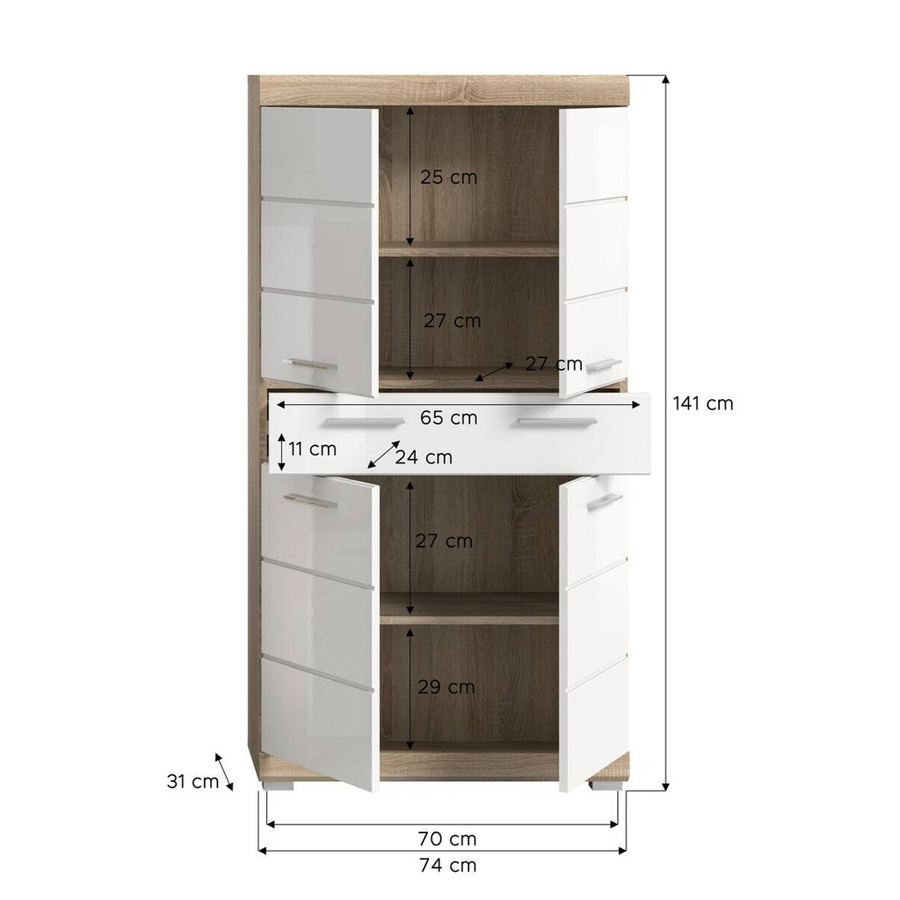 Midischrank Lambada xonox.home in Eiche und Weiß Hochglanz mit 1 Schublade, B/H/T: 74 x 141 x 31 cm - Bild 2