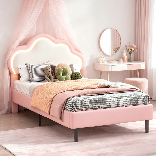 Fangange Mädchenbettgestell aus rosa Kunstleder mit wolkenförmigem Kopfteil und LED-Beleuchtung, B/T: 90 x 200 cm - Bild 1