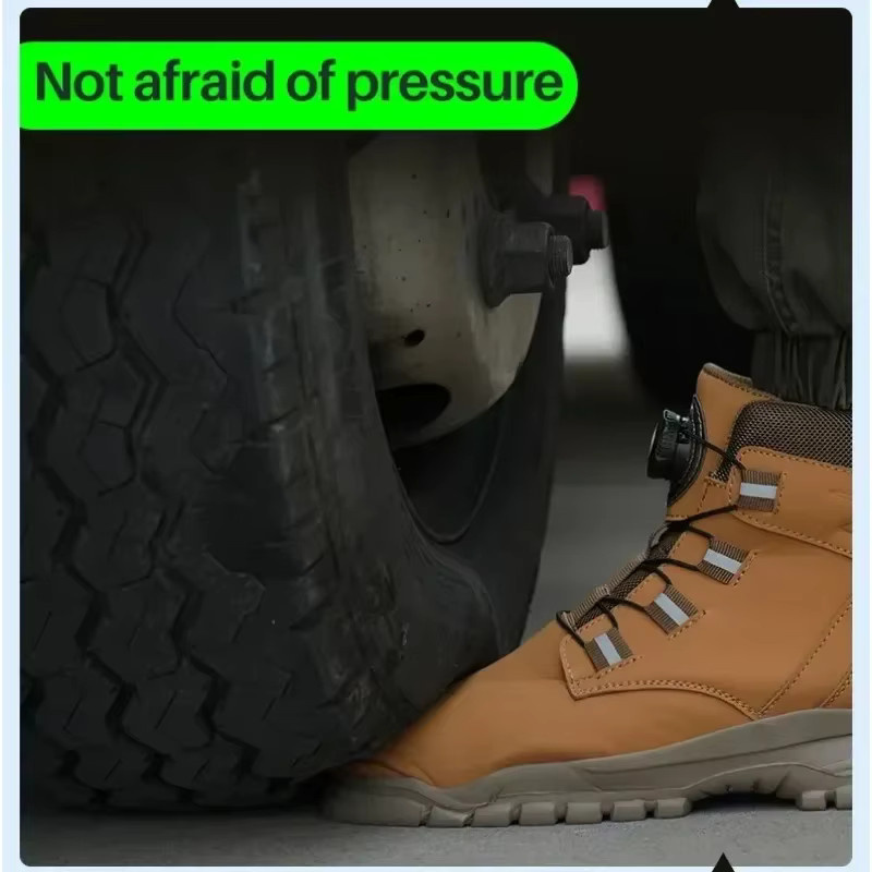 QHSPE Sicherheitsstiefel für Herren, wasserdichte und unzerstörbare Arbeitsschuhe mit Stahlkappe und stichfester Sohle, Beige/Braun - Bild 4
