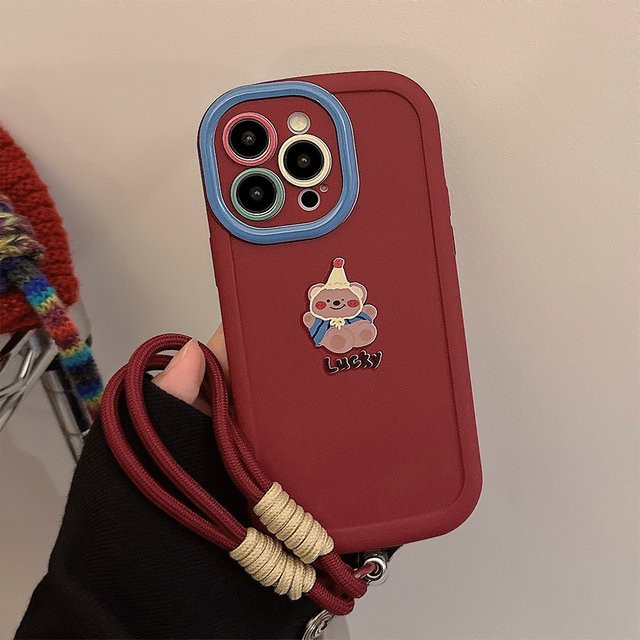 MUQGEW Stoßfeste Silikon-Handyhülle mit Cartoon-Bär und Lanyard für iPhone, Farbe: Rot - Bild 1