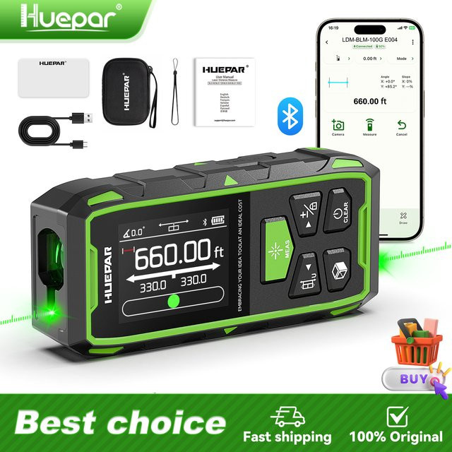 Huepar Bluetooth Dual-Laser-Entfernungsmesser mit grünem Laserstrahl, Messgerät mit LCD-Display und Hintergrundbeleuchtung, Farbe: Grün/Schwarz - Bild 1