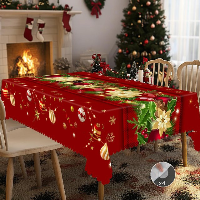 JINGYUE Pet Weihnachts-Tischdecke im Vintage-Bauernhaus-Stil mit Weihnachtsmann, Rentier und Weihnachtsbaum, rot, B: 220 cm, T: 152 cm - Bild 1