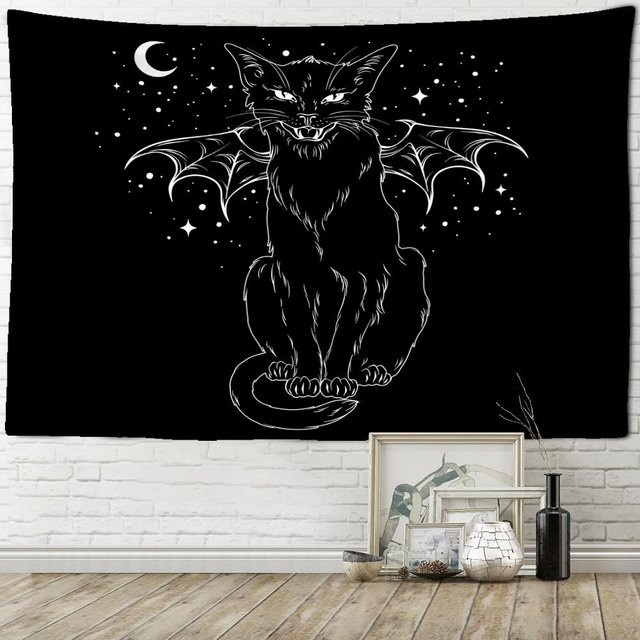 Super Six Psychedelic Wandteppich Schwarze Katze im Boho-Stil, Breite: 150 cm, Höhe: 130 cm - Bild 1