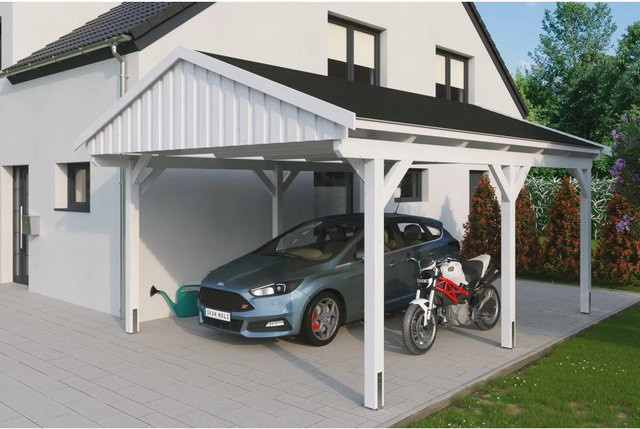 Skan Holz Carport Fichtelberg aus Fichte Leimholz in Weiß mit schiefergrauen Dachschindeln B/T: 423 x 566 cm, Höhe: 326 cm - Bild 1