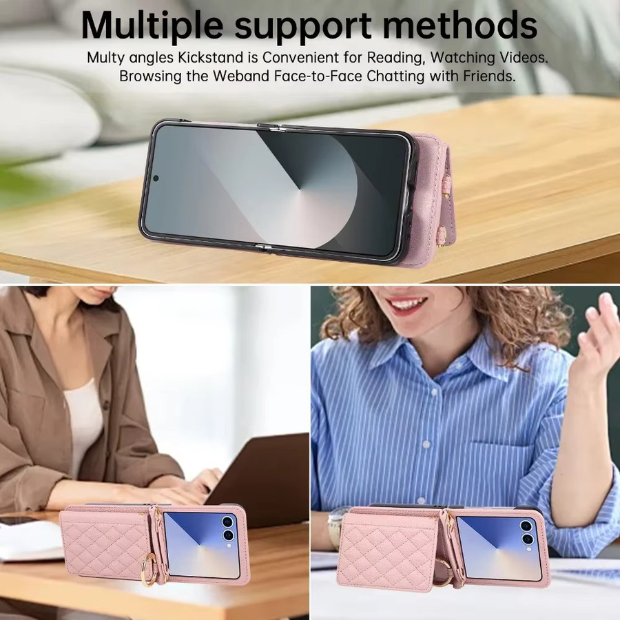 Flip7 Leder-Brieftaschenhülle für Samsung Galaxy Z Flip 7, 6, 5, 4, 3 mit Kartensteckplatz, Ringhalter und Umhängeband in Weiß oder Pink - Bild 4