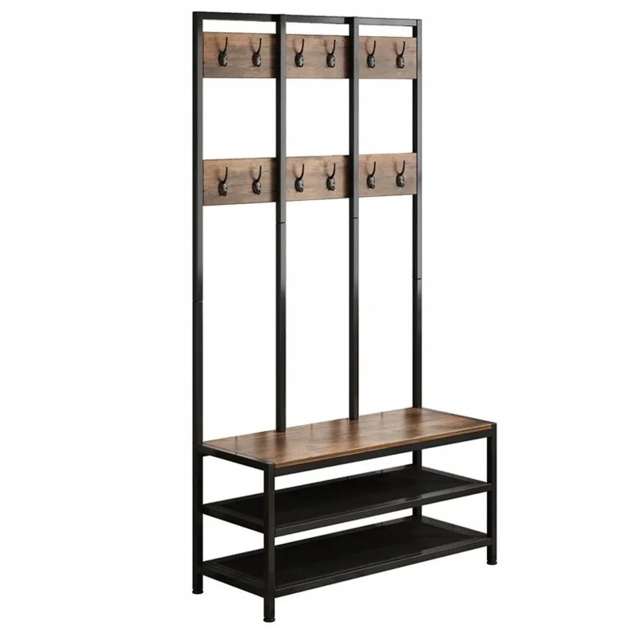 Rebiko Garderobenmöbel Hall Tree mit Sitzbank, Schuhregal und Kleiderständer in Braun, Metall und MDF-Platte, H: 186 cm, B: 100 cm, T: 40 cm - Bild 2