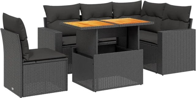 vidaXL 6-tlg. Garten-Sofagarnitur in L-Form aus Poly-Rattan und Akazienholz mit Kissen, Schwarz - Bild 1