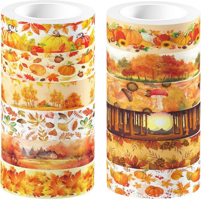 Washi Tape Set mit Herbstmotiven wie Ahornblättern und Kürbissen, transparentes Klebeband für DIY-Bastelarbeiten, Mehrfarbig - Bild 1