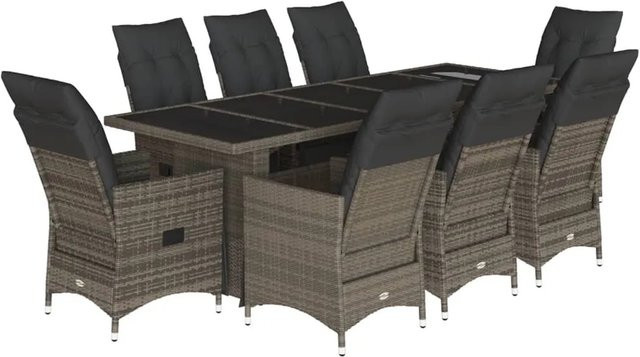 vidaXL 9-tlg Garten-Bistro-Set aus Poly Rattan mit Kissen und Hartglas in Grau - Bild 1