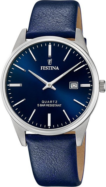 Festina Herrenuhr, Quarz, Edelstahl, Blau, Leder, 39 mm - Bild 1
