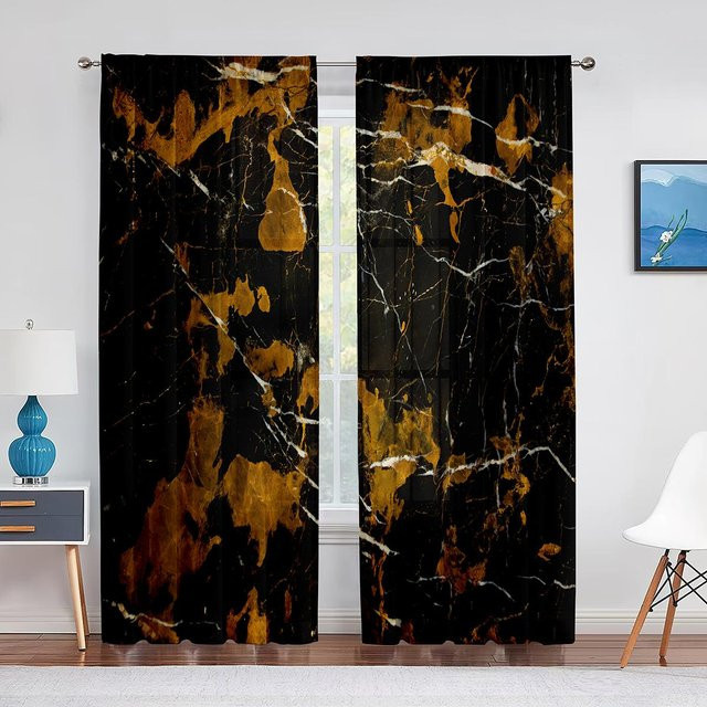 Super Six Chiffon-Tüll-Vorhang mit abstraktem Marmor-Design in Gold, Grau und Schwarz, transparent, Breite: 100 cm, Höhe: 250 cm - Bild 1