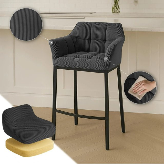 DELUKE Barhocker GIBEL Barstuhl mit Lehne aus Metall und Cord in Dunkelgrau und Schwarz, B/T/H: 64 x 48 x 110 cm - Bild 1